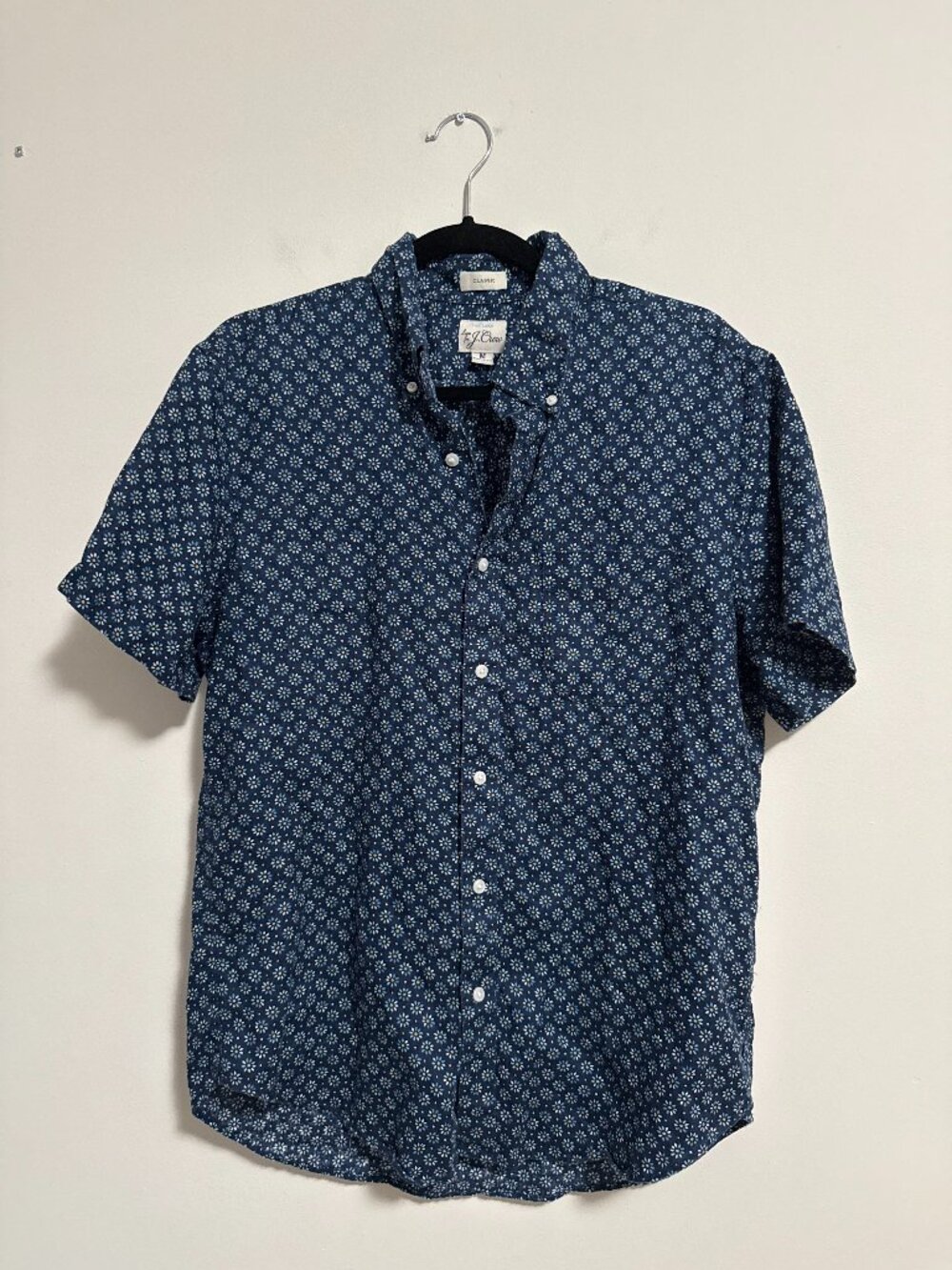 J.Crew Classic Linen Floral Short Sleeve Shirt Navy Blue Mens Medium